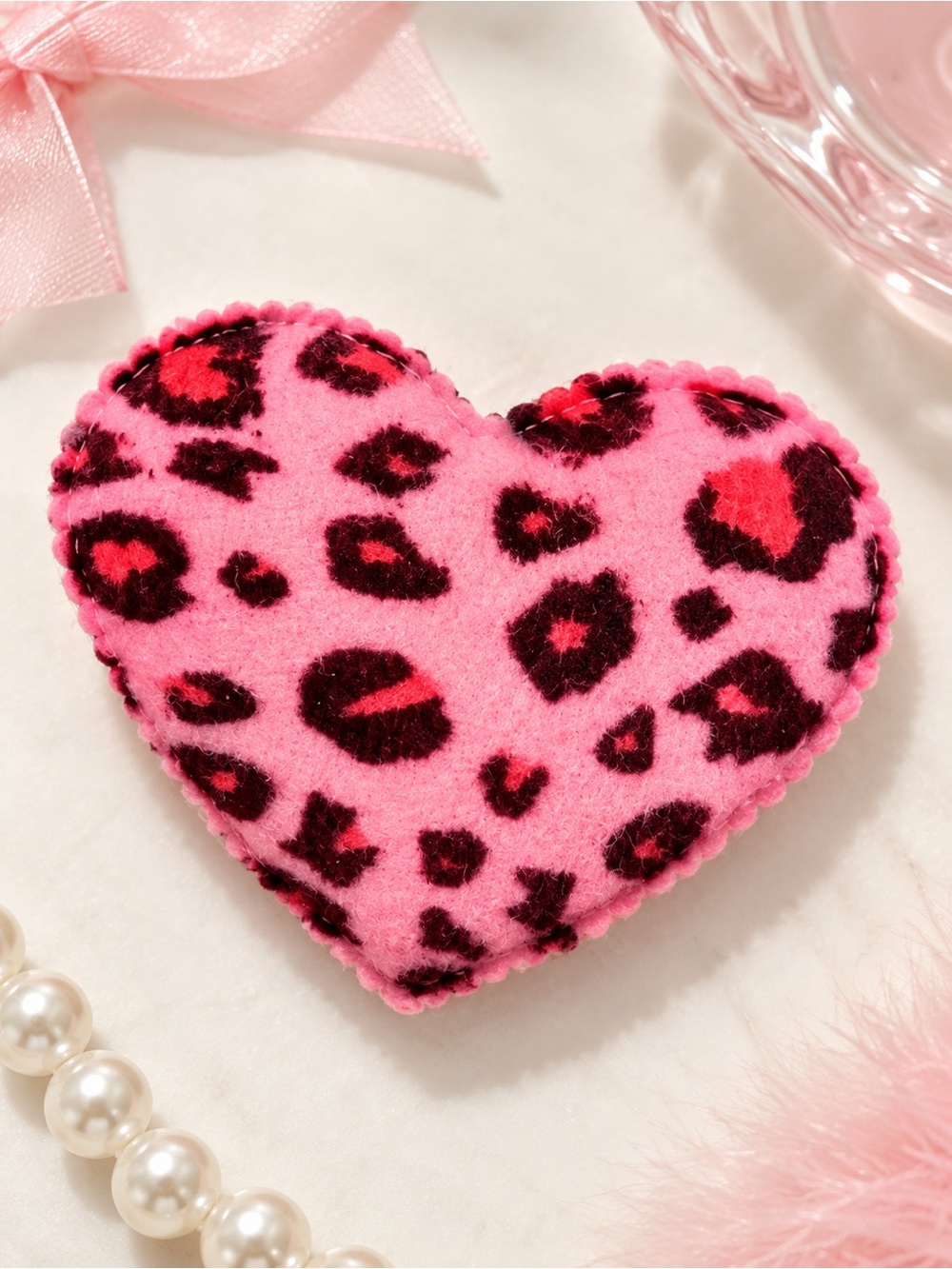 Pink Leopard Heart Brooch Pin Y2K McBling Coquette